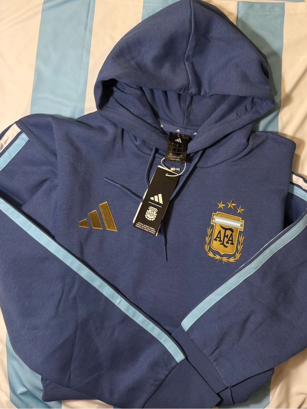 adidas Blue Argentina Crest Pullover Hoodie with Gold Accents